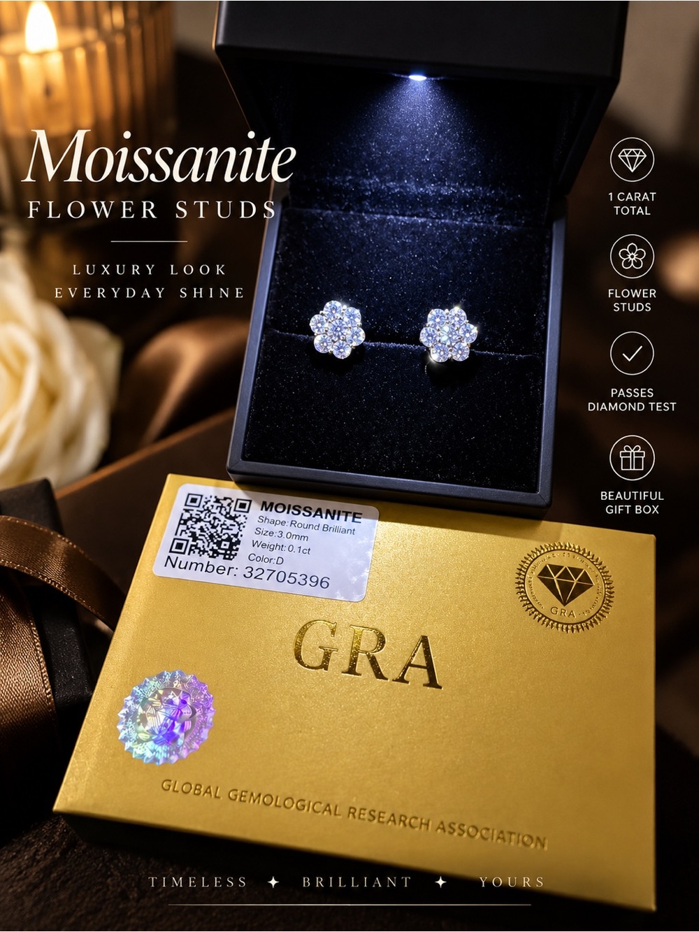 1ct Moissanite Flower Stud Earrings